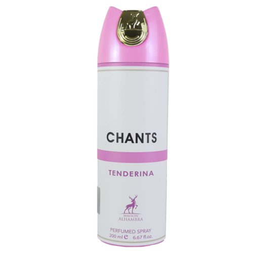 Front view of Chants Tenderina perfumed spray 200 ml for women, in a white and pink can with gold cap by Maison Alhambra.
