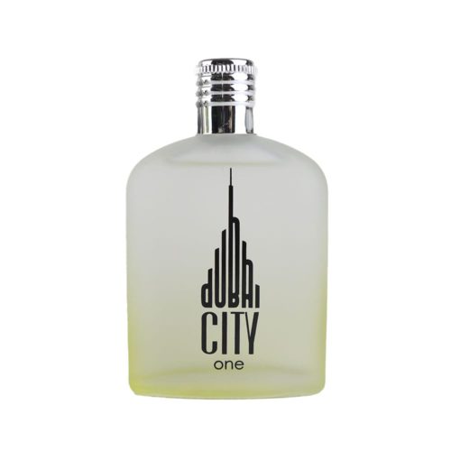Clear view of the City One perfume bottle with a frosted finish and a chrome cap.
