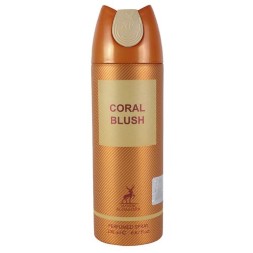 Front view of Coral Blush perfumed spray by Maison Alhambra, featuring a golden label with red text.