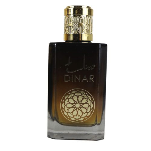 Close-up of the Dinar EDP 100 ml bottle by Dubai Essences, showcasing an elegant black-to-gold gradient design with Arabic calligraphy and golden patterns.
