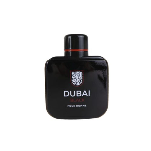 Dubai Black perfume bottle in glossy black with red details, viewed from the front.