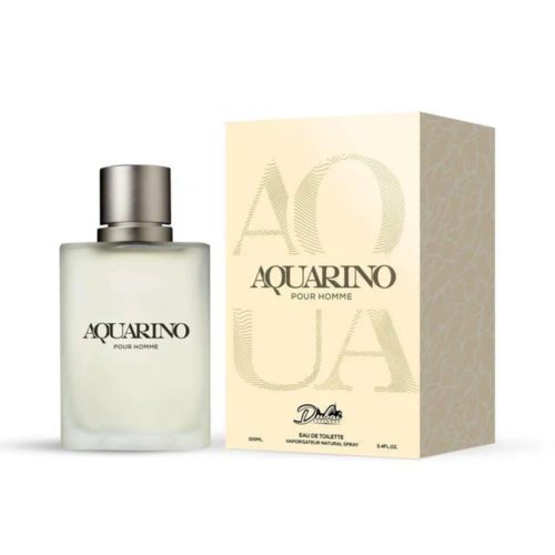 A minimalist frosted glass perfume bottle with a silver cap, placed next to a beige box labeled "Aquarino Pour Homme".