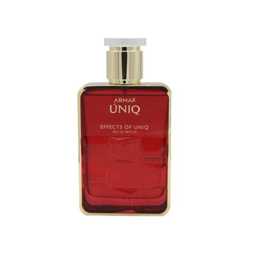 Close-up of the Armaf Effects of Uniq bottle, rectangular in shape with a red geometric pattern.