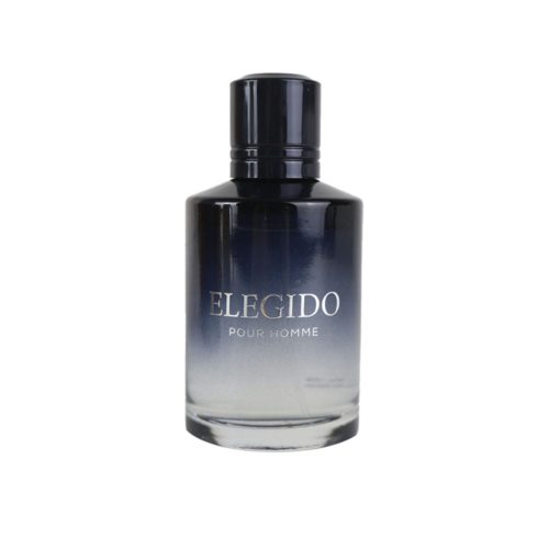 Close-up of the "Elegido Pour Homme" perfume bottle with gradient black design.