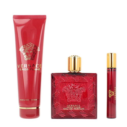 Versace Eros Flame gift set for men, includes Eau de Parfum, perfumed shower gel, and travel spray in elegant red packaging.