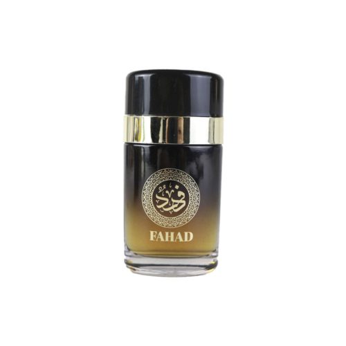 Close-up of Fahad perfume bottle, 100 ml for men by Dubai Essences, with black and gold gradient design.