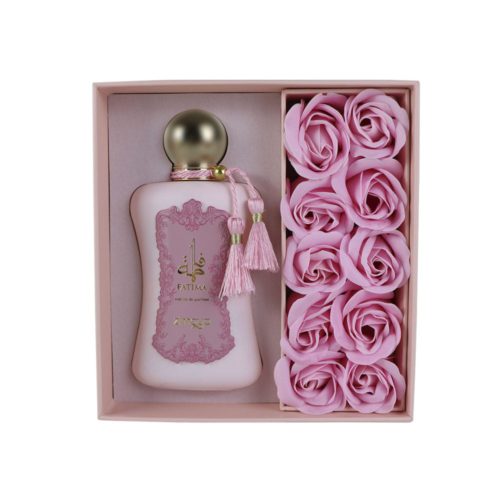 Fatima perfume gift box by Zimaya, with the bottle and pink artificial roses inside.