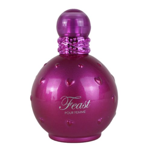 Close-up of the Feast Pour Femme perfume bottle in shiny pink with embossed hearts.