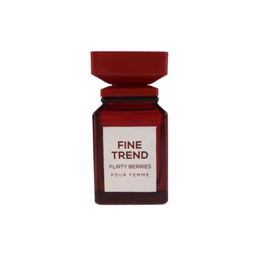 Close-up of the Fine Trend Flirty Berries perfume bottle, deep red with minimalist label.