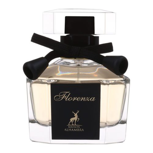 The Florenza perfume bottle, made of clear glass with a black and gold label, finished with a decorative black bow tied around the neck.