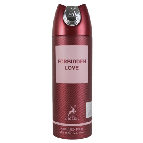 Front view of Forbidden Love 200 ml perfumed spray by Maison Alhambra, in a metallic red bottle with elegant branding.