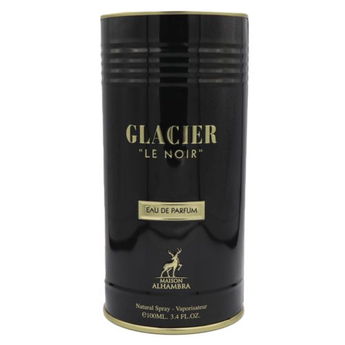 Front of the Glacier Le Noir EDP packaging with minimalist gold-on-black design and product details.