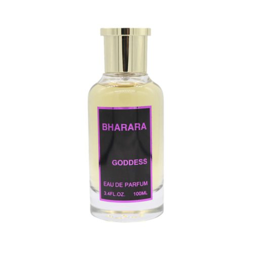 Close-up of the Bharara Goddess perfume bottle with gold cap and purple label.