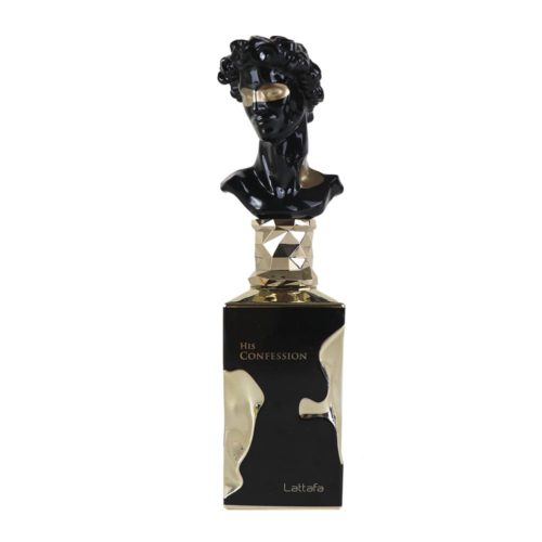 Open black packaging of "His Confession" by Lattafa, revealing the elegant perfume bottle inside, designed like a sculpted male bust.