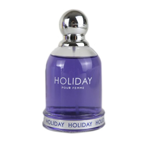 Holiday Pour Femme by Dubai Essences. Purple perfume bottle with a silver cap next to its floral-themed box.