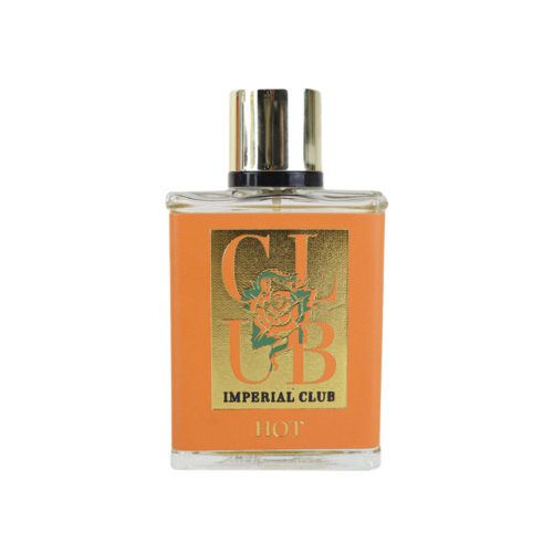 Close-up of the Imperial Club Hot perfume bottle by Dubai Essences, featuring a gold and orange design.