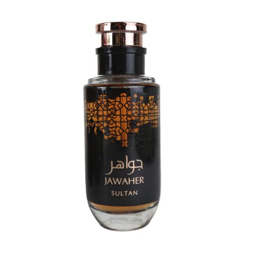 Jawaher Sultan EDP 100 ml perfume bottle by Dubai Essences, with a luxurious black and gold design featuring Arabic-inspired patterns.