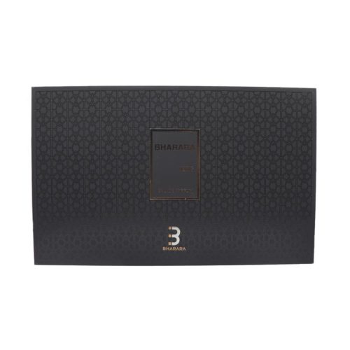 Front of the Bharara King gift set box in matte black with geometric gold details and embossed brand logo.