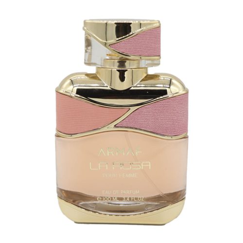 Close-up of the Armaf La Rosa perfume bottle with pink and gold accents and textured details.