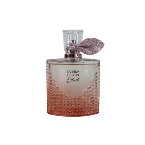 Close-up of the La Vida de Vivi Blush perfume bottle with a pink gradient design and a decorative glittery leaf on the cap.