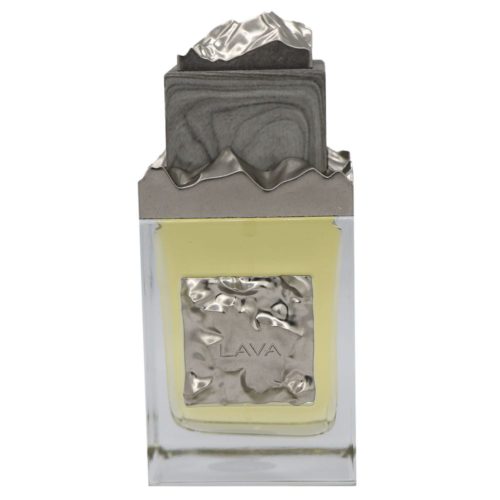 Close-up of the Lava EDP perfume bottle with a sculpted silver cap and hammered metal plate label.