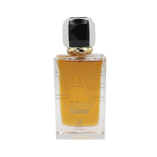 Close-up of the Léonie Intense EDP bottle with golden liquid and Maison Alhambra logo.