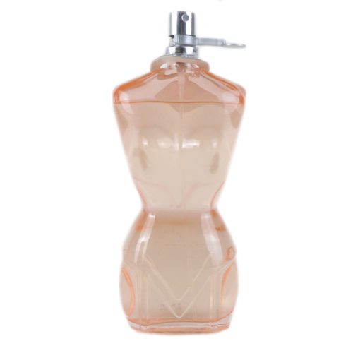 Close-up of the L'Femme Classic perfume bottle by Dubai Essences, designed in the shape of a female torso.