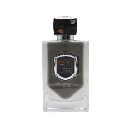 Isolated view of the Liam Grey perfume bottle in gradient grey tones with a silver label and black cap.