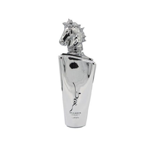 Close-up of the Maahir Legacy perfume bottle by Lattafa, featuring a metallic horse-head cap.