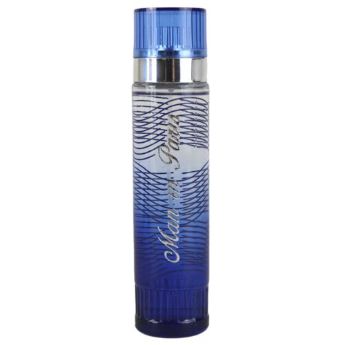 Close-up of the "Man in Paris" perfume bottle by Dubai Essences, a tall cylindrical blue design with silver accents.