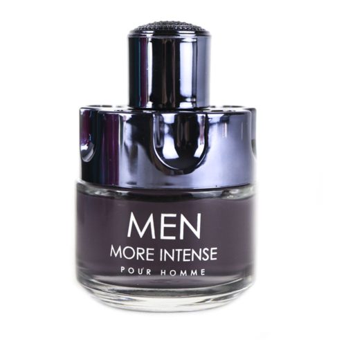 Close-up of the "Men More Intense" perfume bottle, a sleek dark glass container with a glossy black cap.