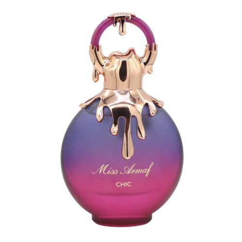 Close-up of the Miss Armaf Chic perfume bottle showing ombre colors and rose gold detailing.