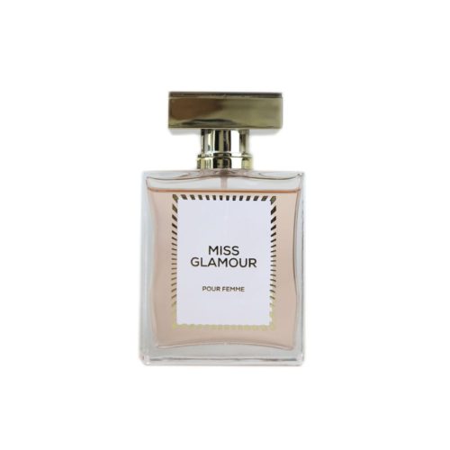 Miss Glamour perfume bottle with golden cap and soft pink liquid inside, elegant design for women.