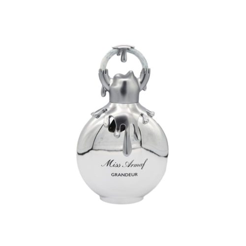 Miss Armaf Grandeur perfume bottle with sleek silver metallic finish and sculptural cap design.