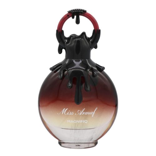 Close-up of the Miss Armaf Magnifiq perfume bottle with black and red gradient and dripping cap design.