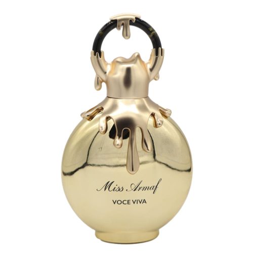 Close-up of the Miss Armaf Voce Viva perfume bottle featuring a round gold shape and artistic dripping cap.