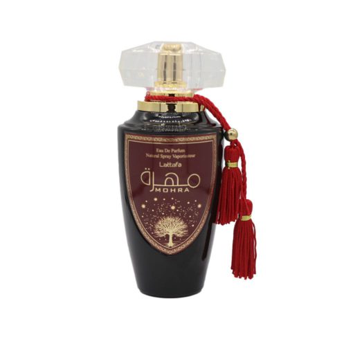 Close-up of the Lattafa Mohra perfume bottle featuring a deep burgundy label, golden tree, and red tassels.