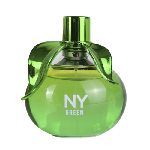 Close-up of the NY Green perfume bottle, featuring a green translucent design with a leaf-like cap.