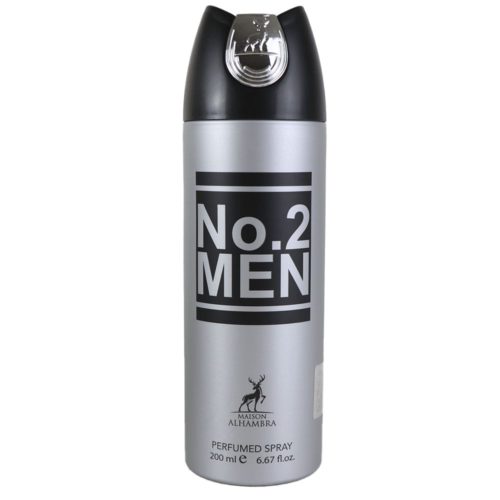 No.2 Men perfumed spray by Maison Alhambra, silver can with black cap and bold lettering.