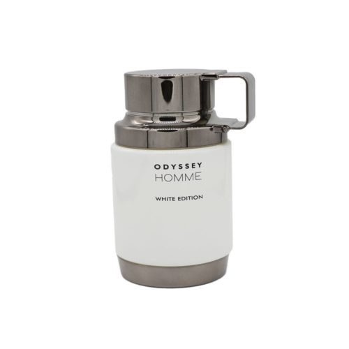 Close-up of the Odyssey Homme White Edition perfume bottle with metallic cap and side handle.