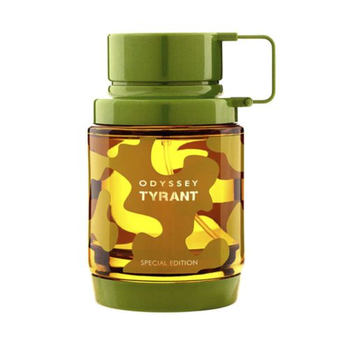 The Odyssey Tyrant perfume bottle by Armaf, with a camouflage-inspired design in green and gold.