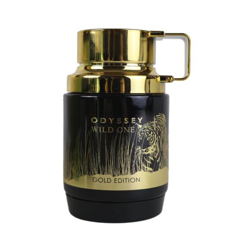 Close-up of the Armaf Odyssey Wild One Gold Edition perfume bottle, shaped like a black and gold thermos with a handle.