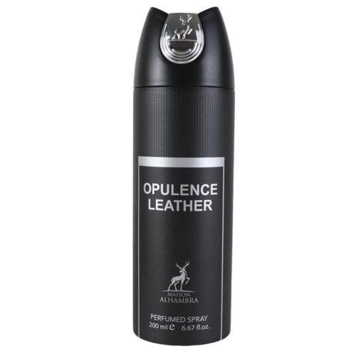Front view of Opulence Leather perfumed spray (200 ml) by Maison Alhambra with silver details on a black can.