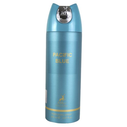 Front view of Pacific Blue perfumed spray by Maison Alhambra, featuring a sleek blue can with gold text.