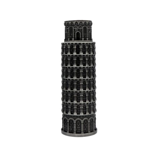 Close-up of the Pisa perfume bottle shaped like the Leaning Tower of Pisa with detailed architectural texture.