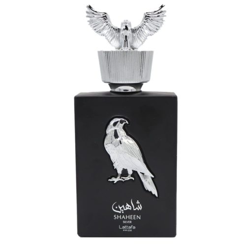 Close-up of the Pride Shaheen Silver perfume bottle showing the silver falcon emblem and ornate falcon-shaped cap.