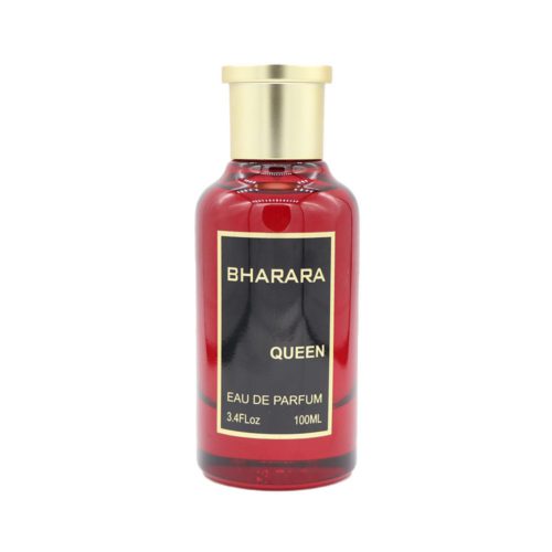 Close-up of Bharara Queen Eau de Parfum bottle in glossy red with gold cap.