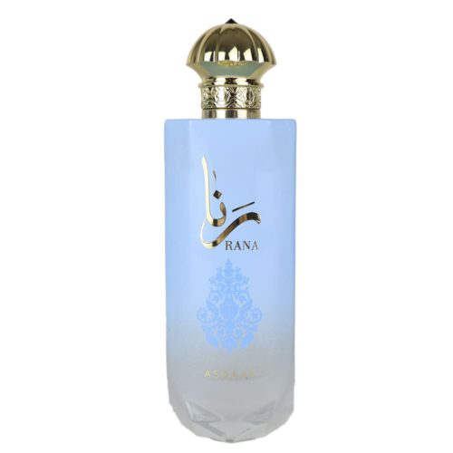 Asdaaf Rana perfume bottle standing alone, showcasing its elegant blue and gold gradient design with Arabic calligraphy and a golden cap.