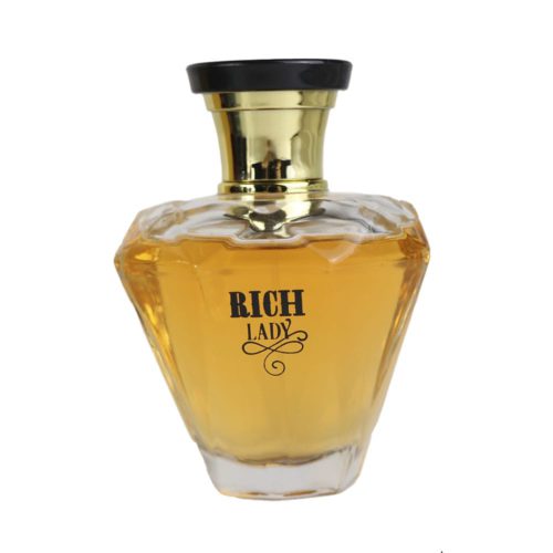 Rich Lady perfume bottle in a faceted crystal-style design with golden neck and black cap.