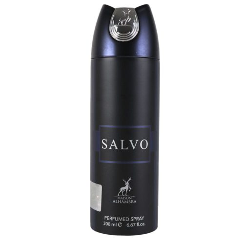 Front view of Salvo Perfumed Spray 200 ml by Maison Alhambra with the cap on, sleek black and navy design.